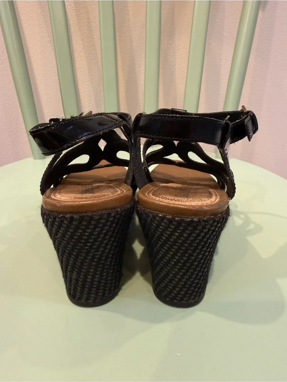 Black Patent Wedge Sandals with Ankle Buckle